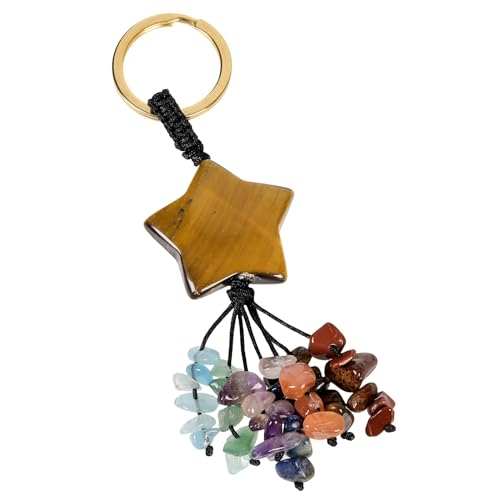 KYEYGWO Heilung Tigerauge Stein Kristall Stern Schlüsselanhänger für Unisex, 7 Chakra Stein Glücksbringer Schlüsselring Deko Heilstein Taschenanhänger Anhänger von KYEYGWO