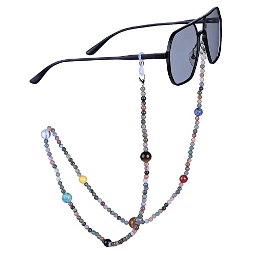 KYEYGWO Indischer Achat Kristall Perlen Brillenkette für Damen und Herren, Neun Planeten Brillenband Stein Brillenkordel Edelstein Kette Brillenschnur für Myopiebrille, Sonnenbrillen, Lesebrillen von KYEYGWO