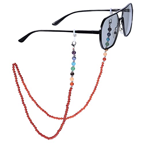 KYEYGWO Karneol 7 Chakren Stein Perlen Brillenkette für Damen und Herren, Reiki Kristall Brillenband Edelstein Brillenkordel Mode Kette Brillenschnur für Sonnenbrillen, Myopiebrille, Lesebrillen von KYEYGWO