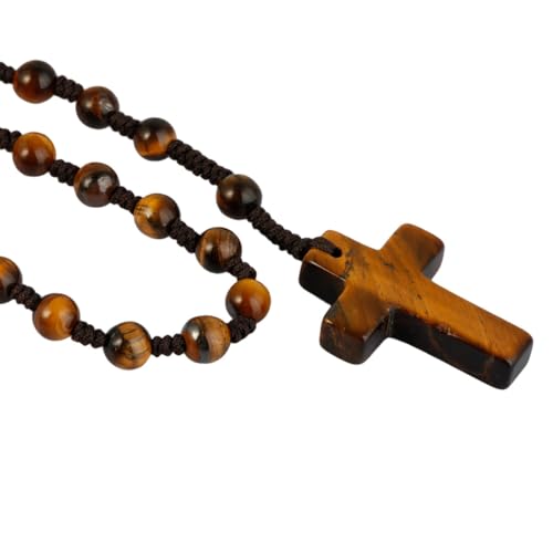 KYEYGWO Kristall Kreuz Anhänger für Damen und Herren, Tigerauge Religiöses Gebet Halsketten Edelstein Perlenkette Katholische Schmuck Edelstein Kruzifix Ketten von KYEYGWO