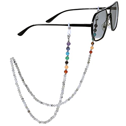 KYEYGWO Labradorit 7 Chakren Stein Perlen Brillenkette für Damen und Herren, Reiki Kristall Brillenband Edelstein Brillenkordel Mode Kette Brillenschnur für Sonnenbrillen, Myopiebrille, Lesebrillen von KYEYGWO