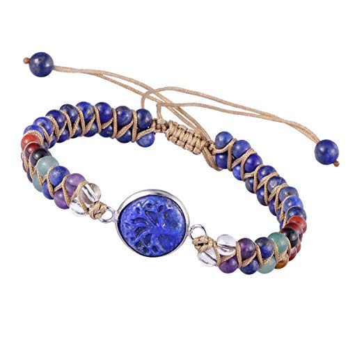 KYEYGWO Lapis Lazuli Kristall Baum des Lebens Armband für Damen und Herren, Einstellbare Doppelt Geflochtenes Armbänder 7 Chakra Stein Perlenarmband Yoga-Armband Edelstein Schmuck von KYEYGWO