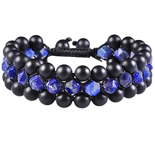 KYEYGWO Lapis Lazuli Unisex 8 mm Kristall Perlen Armband mit Einstellbare Geflochtenes Seil, 3 Schichten Schwarzer Achat Edelstein Armbänder Breite-Armband Schmuck für Meditation Yoga Reiki Heilung von KYEYGWO