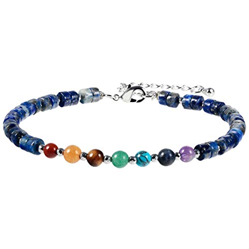 KYEYGWO Lapislazuli 7 Chakren Stein Perlenarmband für Damen, Verstellbares Kristall Armband Flache Perlen Armbänder Yoga-Armband Edelstein Schmuck für Meditation Energietherapie von KYEYGWO