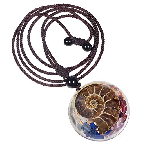 KYEYGWO Natürlich Schnecke Ammonit Fossilen Anhänger für Damen und Herren, 7 Chakren Stein Halskette Reiki Heilung Kristall-Anhänger Edelstein Amulett Retro Schmuck mit Verstellbar Nylonseil von KYEYGWO