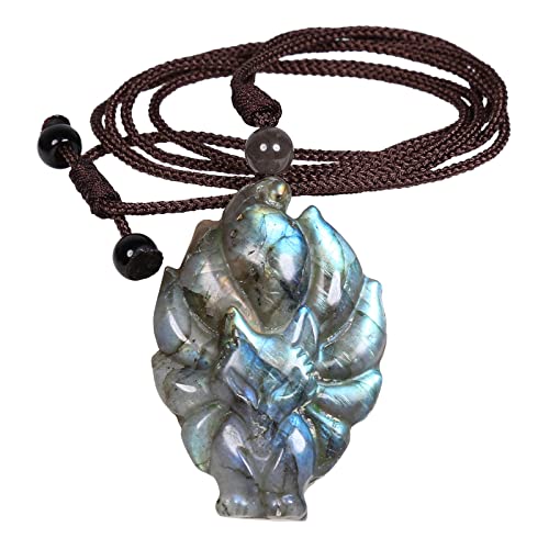 KYEYGWO Natürlichen Labradorit Ketten für Damen und Herren, Geschnitzt Stein Fuch Anhänger mit Einstellbare Nylon Seil, Heilung Kristall Halskette Edelstein Amulett Schmuck von KYEYGWO