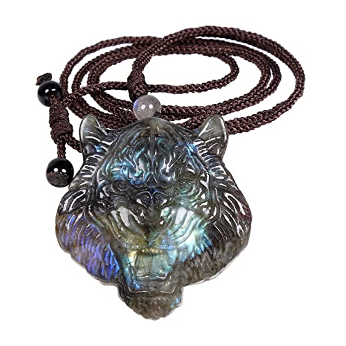 KYEYGWO Natürlichen Labradorit Ketten für Damen und Herren, Geschnitzt Stein Tiger Anhänger mit Einstellbare Nylon Seil, Heilung Kristall Halskette Edelstein Amulett Schmuck von KYEYGWO