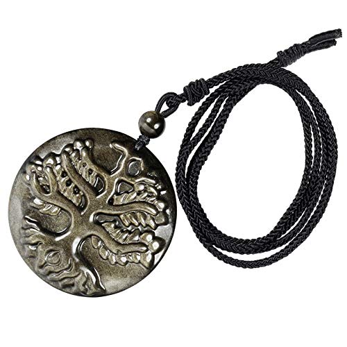 KYEYGWO Natürlicher Golden Obsidian Baum des Lebens Anhänger mit Einstellbare Nylon Seil, Geschnitzt Stein Anhängers Heilung Kristall Halskette Edelstein Amulett Schmuck für Damen und Herren von KYEYGWO