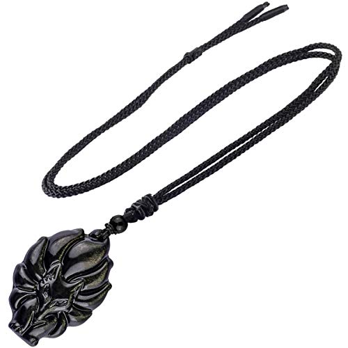 KYEYGWO Natürlicher Golden Obsidian Fuchs Anhänger mit Einstellbare Nylon Seil, Geschnitzt Stein Anhängers Heilung Kristall Halskette Edelstein Amulett Schmuck für Damen und Herren von KYEYGWO