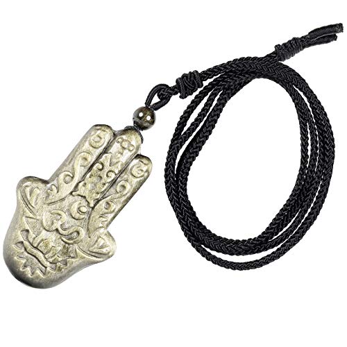 KYEYGWO Natürlicher Golden Obsidian Hand von Fatima Anhänger mit Einstellbare Nylon Seil, Geschnitzt Stein Anhängers Heilung Kristall Halskette Edelstein Amulett Schmuck für Damen und Herren von KYEYGWO