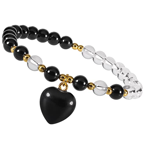 KYEYGWO Obsidian Damen Kristall Perlen Armband mit Herzform Anhänger, Zwei Farben Herz Stein Armbänder Frauen Stretch-Armband Liebe Schmuck für Reiki Heilung, Meditation, Yoga und Viel Glück von KYEYGWO