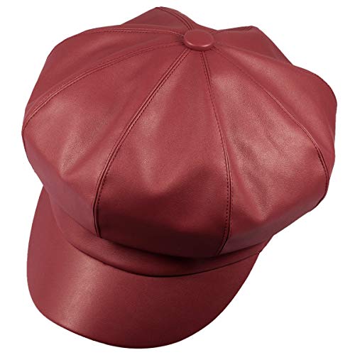 KYEYGWO PU Leder Zeitungsjunge Baskenmütze für Damen, 8 Panels Schirmmütze Newsboy Barett Hut Maler Kappe, Herbst Winter Cabbie Cap, Rot von KYEYGWO