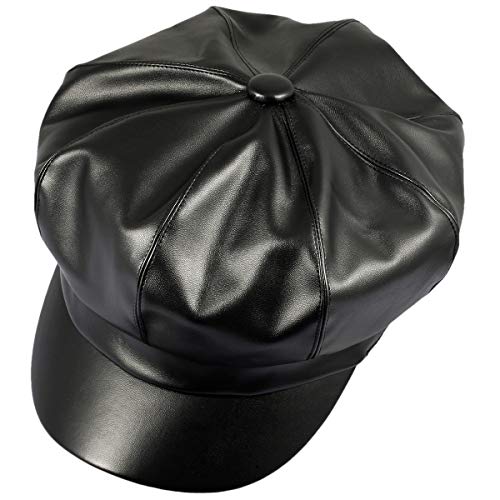 KYEYGWO PU Leder Zeitungsjunge Baskenmütze für Damen, 8 Panels Schirmmütze Newsboy Barett Hut Maler Kappe, Herbst Winter Cabbie Cap, Schwarz von KYEYGWO