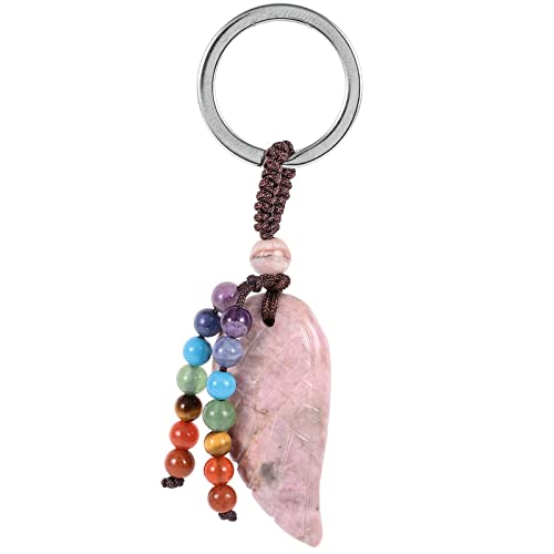 KYEYGWO Rhodonit Heilung Kristall Engelsflügel Schlüsselanhänger für Unisex, 7 Chakra Stein Schlüsselring Deko Heilstein Flügel Taschenanhänger Glücksbringer Anhänger für Schlüsselband von KYEYGWO