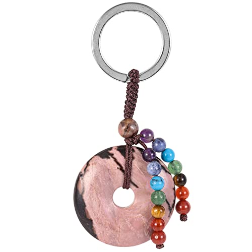 KYEYGWO Rhodonit Kristall Friedensschnalle Schlüsselanhänger für Unisex, 7 Chakra Stein Schlüsselring Deko Runde Taschenanhänger Heilstein Donut Anhänger für Amulett und Glücksbringer von KYEYGWO