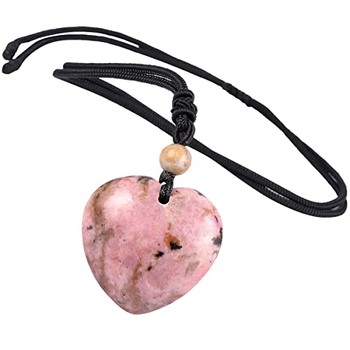 KYEYGWO Rhodonit Kristall Herz Anhänger für Damen und Herren, Reiki Heilung Stein Halskette Herzform Edelstein Ketten Liebe Amulett Segen Schmuck mit Einstellbare Nylon Seil von KYEYGWO