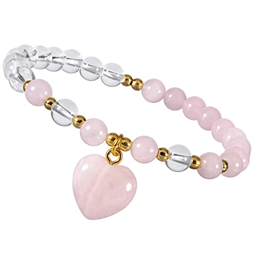 KYEYGWO Rosenquarz Damen Kristall Perlen Armband mit Herzform Anhänger, Zwei Farben Herz Stein Armbänder Frauen Stretch-Armband Liebe Schmuck für Reiki Heilung, Meditation, Yoga und Viel Glück von KYEYGWO