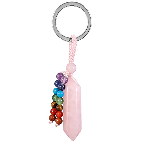 KYEYGWO Rosenquarz Heilstein Punkt Schlüsselanhänger für Damen und Herren, 7 Chakra Kristall Sechseckiger Schlüsselring Deko Reiki Pendel Taschenanhänger Edelstein Hexagon Anhänger von KYEYGWO