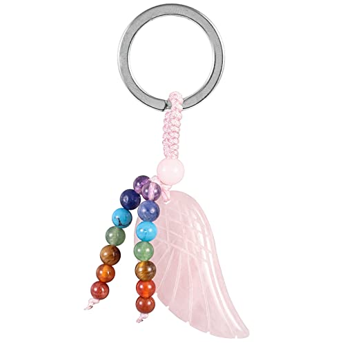 KYEYGWO Rosenquarz Heilung Kristall Engelsflügel Schlüsselanhänger für Unisex, 7 Chakra Stein Schlüsselring Deko Heilstein Flügel Taschenanhänger Glücksbringer Anhänger für Schlüsselband von KYEYGWO