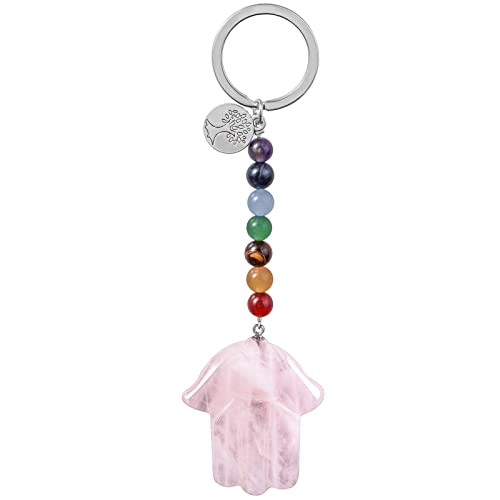 KYEYGWO Rosenquarz Kristall Hamsa Hand der Fatima Schlüsselanhänger mit Baum des Lebens Anhänger, 7 Chakra Stein Schlüsselring Heilstein Handteller Taschenanhänger Talisman Schlüsselband von KYEYGWO