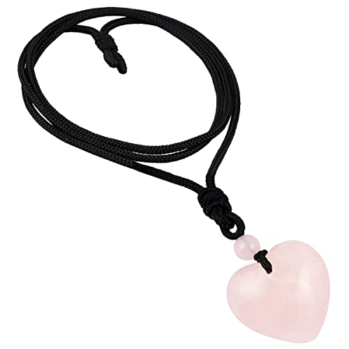 KYEYGWO Rosenquarz Kristall Herz Anhänger für Damen und Herren, Reiki Heilung Stein Halskette Herzform Edelstein Ketten Liebe Amulett Segen Schmuck mit Einstellbare Nylon Seil von KYEYGWO