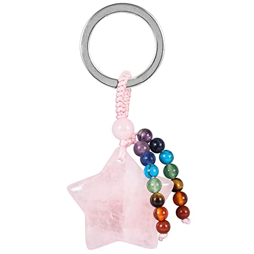 KYEYGWO Rosenquarz Kristall Sterne Schlüsselanhänger für Unisex, 7 Chakra Stein Schlüsselring Deko Heilstein Pentagramm Taschenanhänger Glücksstern Anhänger für Schlüsselband Schlüsselbund von KYEYGWO