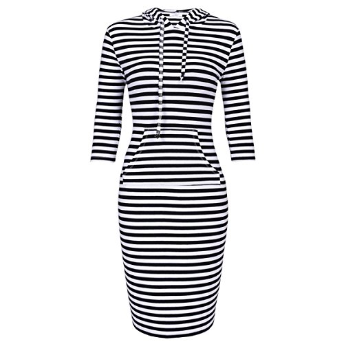 KYEYGWO Schwarz & Weiß Damen Baumwolle Kapuzenpullover Kleid mit Tasches, Frauen 3/4 Ärmel Sweatshirt Hoodie Pulloverkleid Streifen Slim Fit Kleider Frühling Herbst Winter Freizeitkleid，L von KYEYGWO