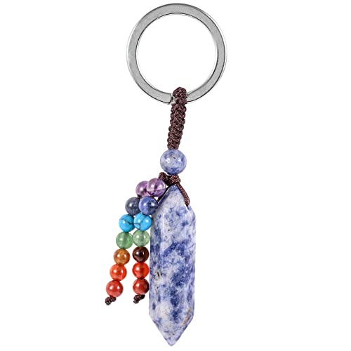 KYEYGWO Sodalith Heilstein Punkt Schlüsselanhänger für Damen und Herren, 7 Chakra Kristall Sechseckiger Schlüsselring Deko Reiki Pendel Taschenanhänger Edelstein Hexagon Anhänger von KYEYGWO