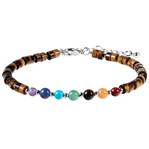 KYEYGWO Tigerauge 7 Chakren Stein Perlenarmband für Damen, Verstellbares Kristall Armband Flache Perlen Armbänder Yoga-Armband Edelstein Schmuck für Meditation Energietherapie von KYEYGWO