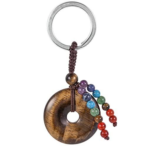 KYEYGWO Tigerauge Kristall Friedensschnalle Schlüsselanhänger für Unisex, 7 Chakra Stein Schlüsselring Deko Runde Taschenanhänger Heilstein Donut Anhänger für Amulett und Glücksbringer von KYEYGWO