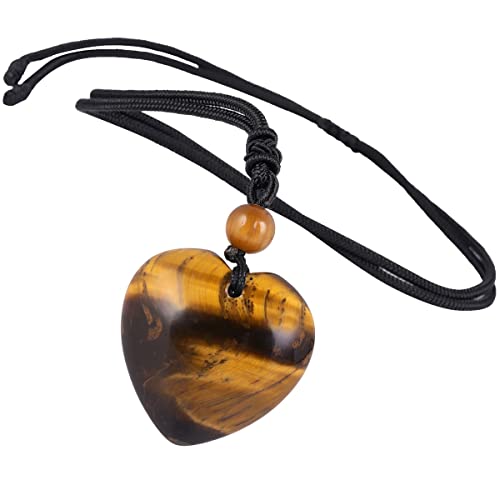 KYEYGWO Tigerauge Kristall Herz Anhänger für Damen und Herren, Reiki Heilung Stein Halskette Herzform Edelstein Ketten Liebe Amulett Segen Schmuck mit Einstellbare Nylon Seil von KYEYGWO