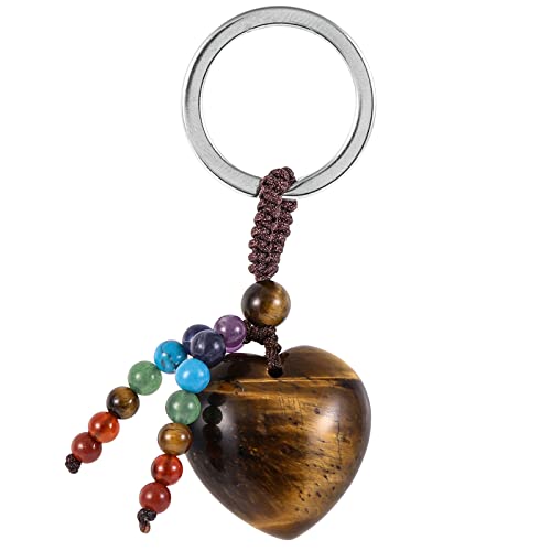 KYEYGWO Tigerauge Kristall Herz Schlüsselanhänger für Unisex, 7 Chakra Stein Schlüsselring Deko Herzform Edelstein Taschenanhänger Leibe Anhänger für Schlüsselband Schlüsselbund Schlüsselkette von KYEYGWO