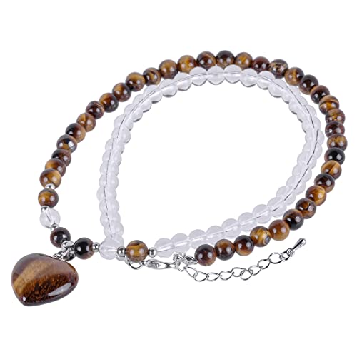 KYEYGWO Tigerauge Kristall Perlen Armband für Damen, Herz Stein Anhänger Herzform Edelstein Halsketten Chakra Armbänder Liebe Perlenketten Heilstein Wickelarmband Zweifarbig Segen Schmuck von KYEYGWO