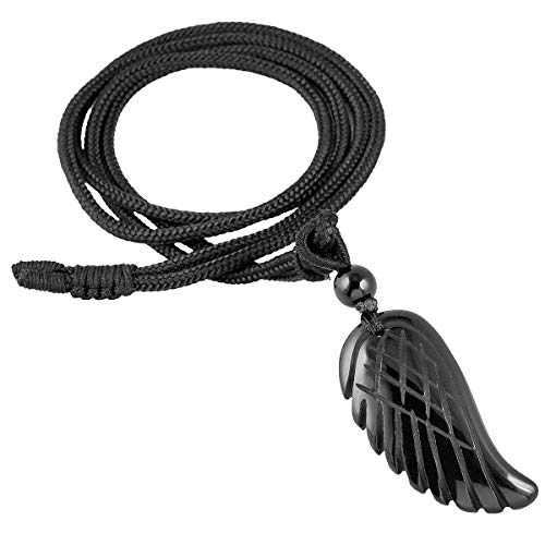 KYEYGWO Unisex Kristall Engelsflügel Anhänger mit Einstellbarer Nylonseil, Stein Halskette Heilstein Flügel Ketten Amulette Schmuck für Damen und Herren, Obsidian von KYEYGWO