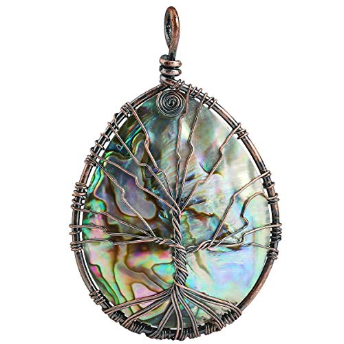 KYEYGWO Wassertropfen Abalone Muschel Anhänger Halskette für Unisex, Kuferdraht Gewickelt Baum des Lebens-Anhänger Mode Schmuck mit Kette von KYEYGWO