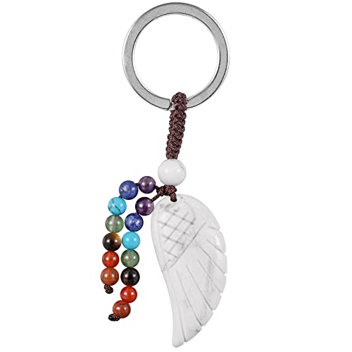 KYEYGWO Weiße Howlith Türkis Heilung Kristall Engelsflügel Schlüsselanhänger für Unisex, 7 Chakra Stein Schlüsselring Deko Heilstein Flügel Taschenanhänger Glücksbringer Anhänger für Schlüsselband von KYEYGWO