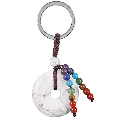 KYEYGWO Weiße Howlith Türkis Kristall Friedensschnalle Schlüsselanhänger für Unisex, 7 Chakra Stein Schlüsselring Deko Runde Taschenanhänger Heilstein Donut Anhänger für Amulett und Glücksbringer von KYEYGWO