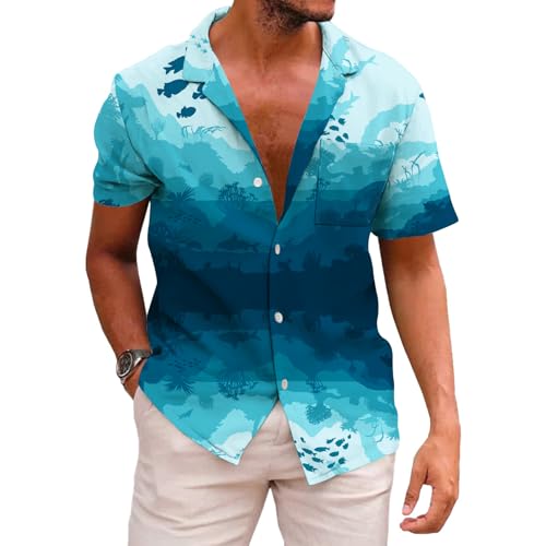 KYKU Herren Casual Button-Down-Shirts Hawaiihemd Kurzarm Strandkleidung mit Taschen, Blaues Meer, 3X-Groß von KYKU
