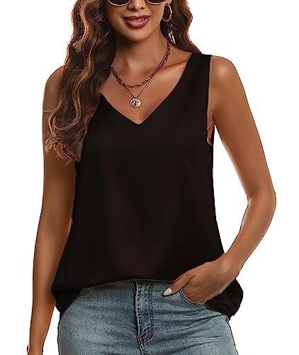 KYLELOVE Damen Satin Tank Tops Doppellagig Ärmellos Blusen V-Ausschnitt Camisoles Arbeitsshirt, Schwarz, Groß von KYLELOVE