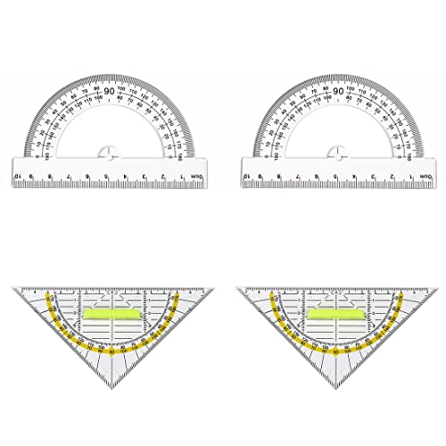 2 Stück Geometrie Dreieck 16 cm, Kunststoff, Hypotenuse, Facetten + 2 Stück Winkelmesser mit Herrscher, Mathematik Messwerkzeuge, Halbkreis Winkelmesser von KYLOS
