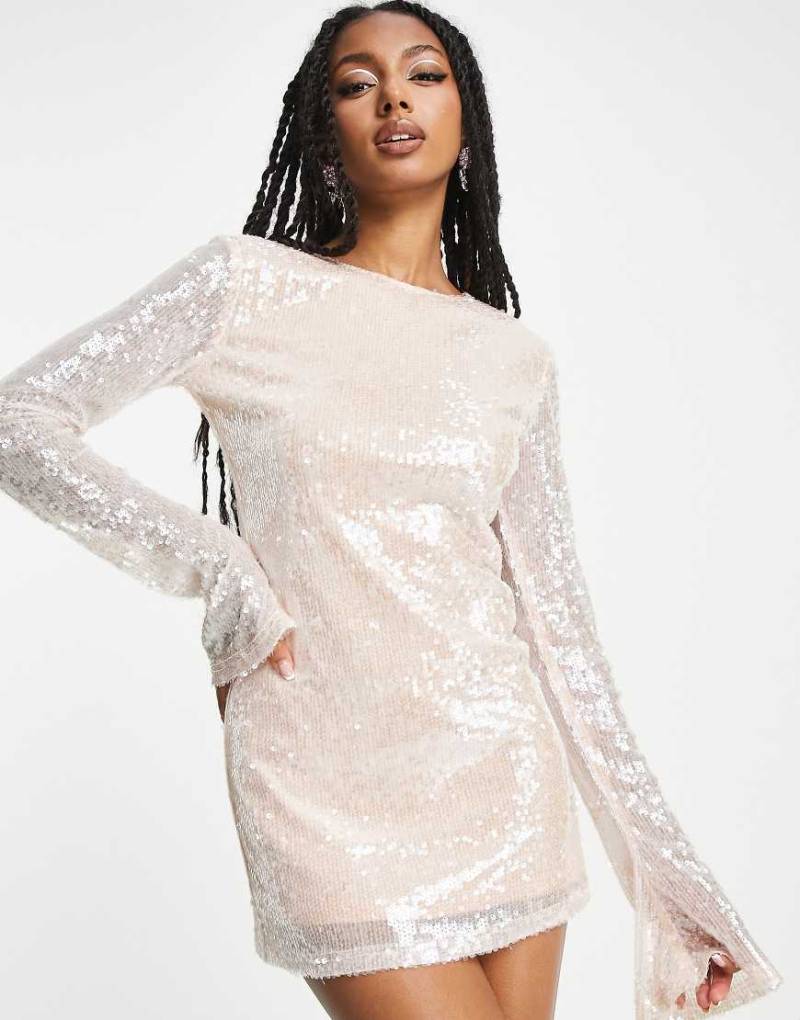 Kyo The Brand - Hochgeschlossenes Mini-Paillettenkleid in Taupe mit ausgestellten Ärmeln-Neutral von KYO