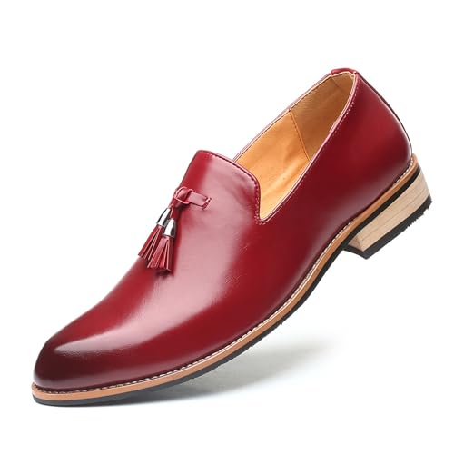 KYOESCAI Herren Anzugschuhe Spitzschuh Klassischer Business Derby Oxford Hochzeit Schuhe Comfort Fahrende Schuhe mit Quasten,Rot,38 EU von KYOESCAI