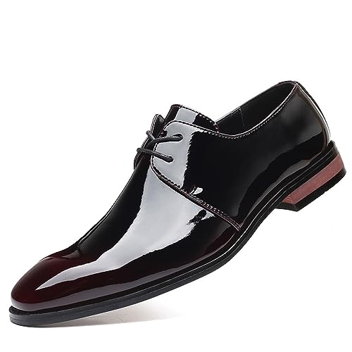 KYOESCAI Herren Schwarzes Lackleder Anzugschuhe Klassischer Business Derby Oxford Hochzeit Schuhe Schnürhalbschuhe,Rot,38 EU von KYOESCAI