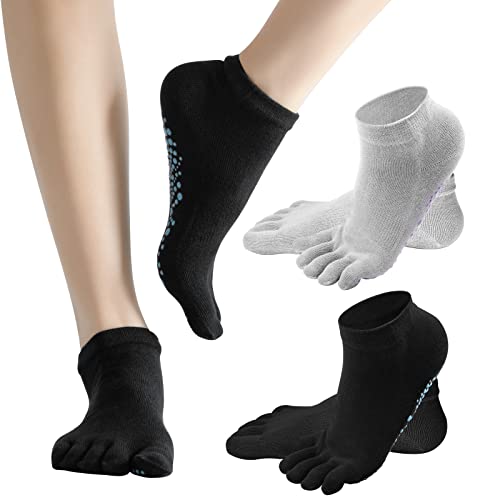 KYSUN 2 Paar Anti Rutsch Socken für Damen und Herren, Rutschfeste Yoga Socken mit Zehen, Stoppersocken Sportsocken für Home, Baumwoll Zehensocken für Pilates Barre Dance Hospital, Schwarz + Grau von KYSUN