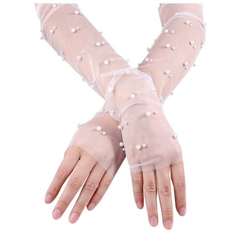 KYSUN Lange Handschuhe Brauthandschuhe Damen Perlen Fingerlose Netzhandschuhe Damen Transparent Tüllhandschuhe Braut Spitzen Handschuhe für Hochzeitsfeier von KYSUN
