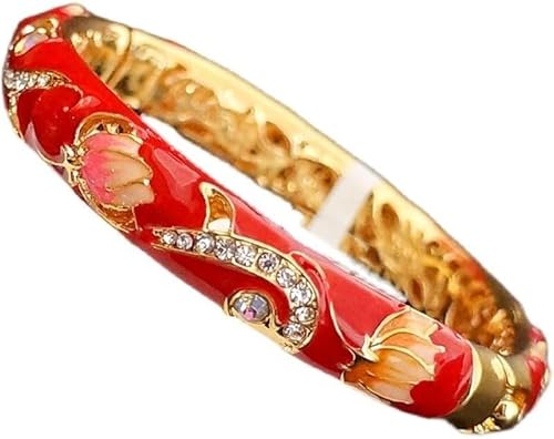 Cloisonné-Armband, Emaille-Armband, Vintage Emaille Lotus Strass Armreif Frühling Scharnier Manschette Armbänder for Frauen(Red) von KYUEPONG