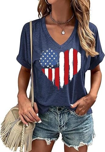T-Shirt mit USA-Flagge, V-Ausschnitt, für Damen, Stern- und Streifenmuster, rot, weiß und blau, kurzärmelig, Sommer-T-Shirt, patriotisches T-Shirt, 01-Bnavy, X-Groß T-Shirt mit USA-Flagge, V-Ausschnitt, für Damen, Stern- und Streifenmuster, rot, weiß und blau, kurzärmelig, Sommer-T-Shirt, patriotisches T-Shirt, 01-Bnavy, X-Groß von KYVPO