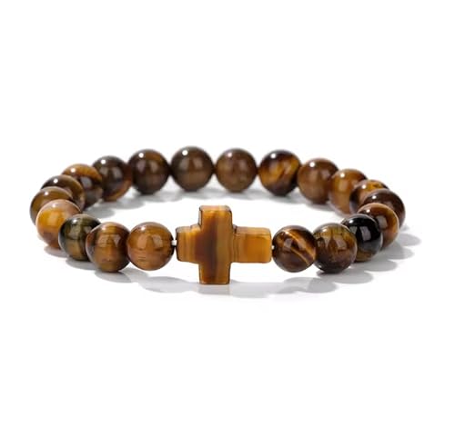 KYXSPINWARDPV 8 mm Jesus-Kreuz-Armband, Naturstein, Tigerauge, Perlen, Armbänder für Damen und Herren, Yoga, 19 cm, Stein, Zirkonia von KYXSPINWARDPV