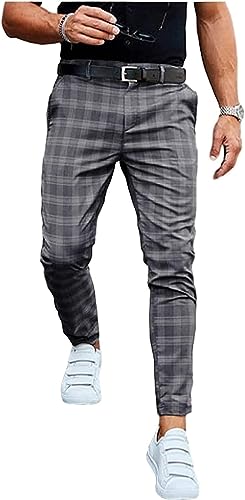 KYZTMHC Karierte Chinohose Herren Anzug Stoffhose Klassisch Plaid Print Hose Herrenhose Elegant Slim Basic Freizeithose Business Anzugshose (Color : Gray, Size : 3XL) von KYZTMHC