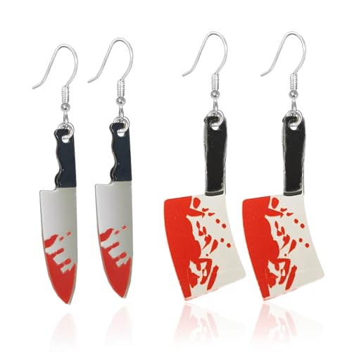 2 Paar Halloween Messer Ohrringe, Ohrringe Set, Ohrringe blutiges Hackebeil, Party Zubehör für Halloween Gothic Kostüm Party, für Mädchen und Frauen von KZAQW